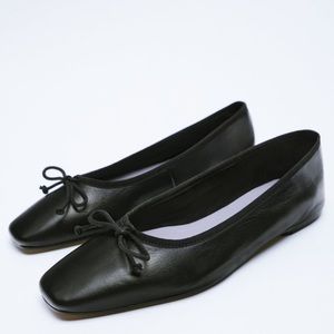 Zara New Black Leather Squared Toe Ballet Flats Shoes, nwt
